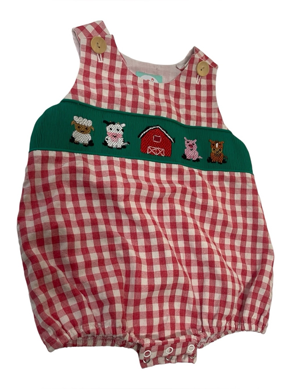The Smocked Flamingo red gingham smocked  romper farm animals embroidery sz 18M